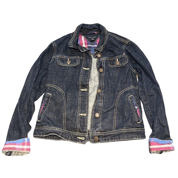 TOMMY HILFIGER girl's dark wash colourful plaid lined denim jacket, L (12-14). - Picture 1 of 6